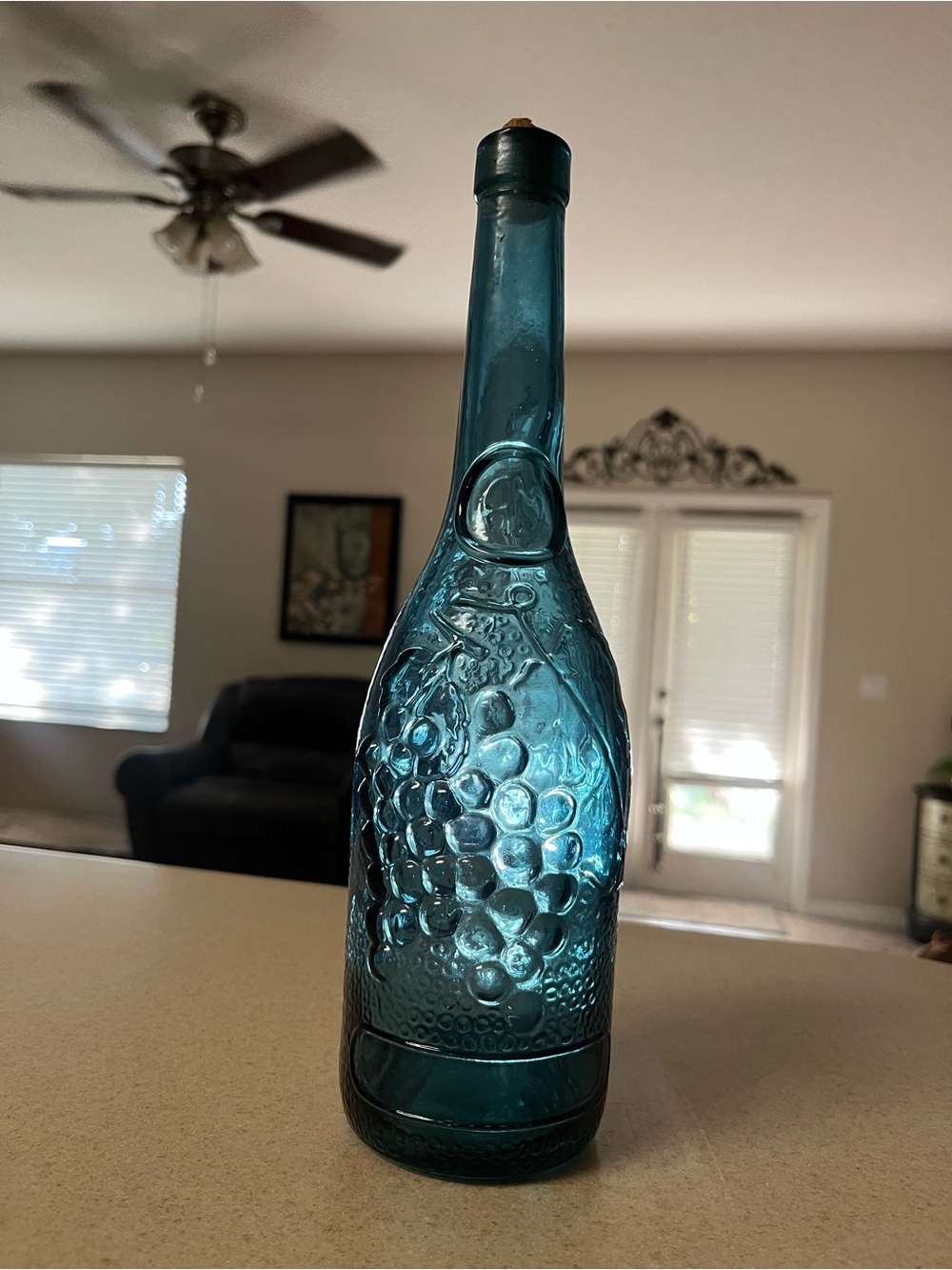 Vintage Himark Vimaco Made In Spain Blue Grape Vine & Leaf Glass Bottle
